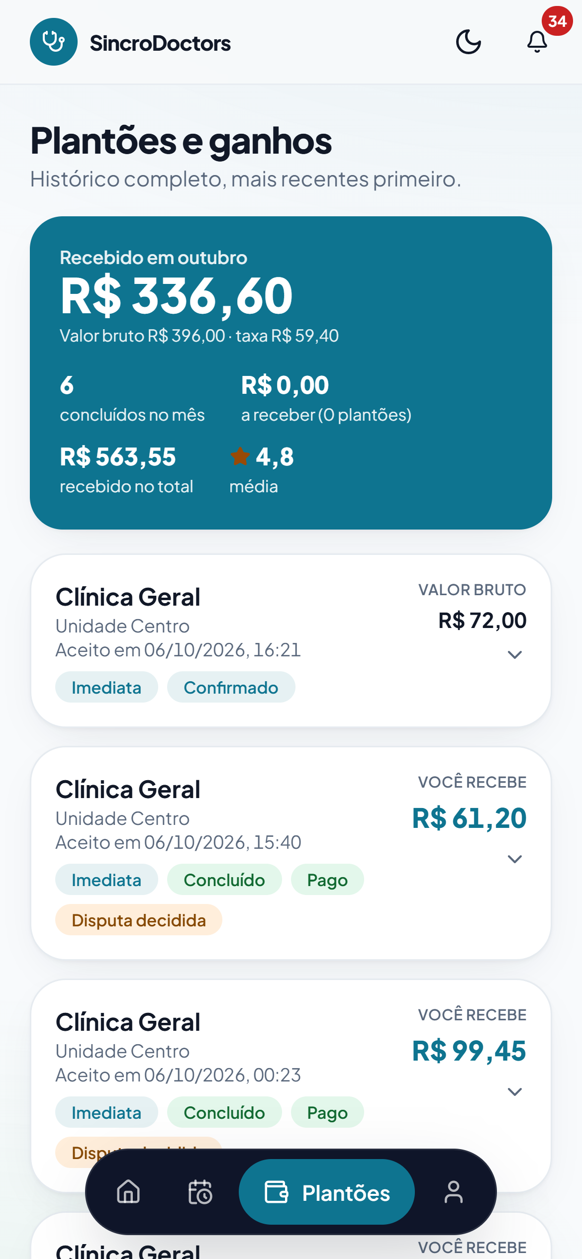 Tela Plantões e ganhos com o total recebido no mês, valor bruto, taxa, plantões concluídos e média de avaliação.